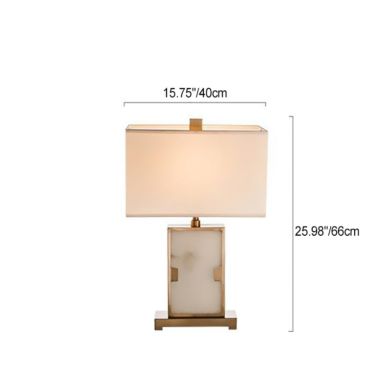 Traditional Chinese Rectangle Hardware Marble Fabric 1-Light Table Lamp For Bedroom