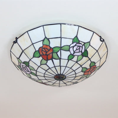 Traditional Tiffany Semicircle Rose Iron Glass 3-Light Flush Mount Ceiling Light For Bedroom