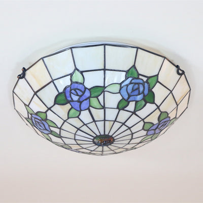 Traditional Tiffany Semicircle Rose Iron Glass 3-Light Flush Mount Ceiling Light For Bedroom