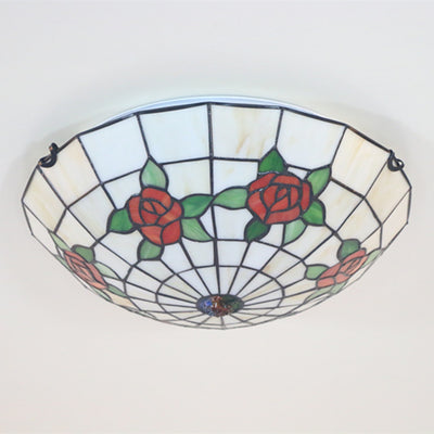 Traditional Tiffany Semicircle Rose Iron Glass 3-Light Flush Mount Ceiling Light For Bedroom