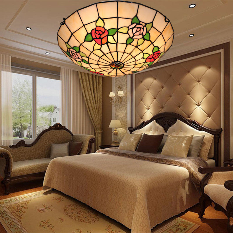 Traditional Tiffany Semicircle Rose Iron Glass 3-Light Flush Mount Ceiling Light For Bedroom