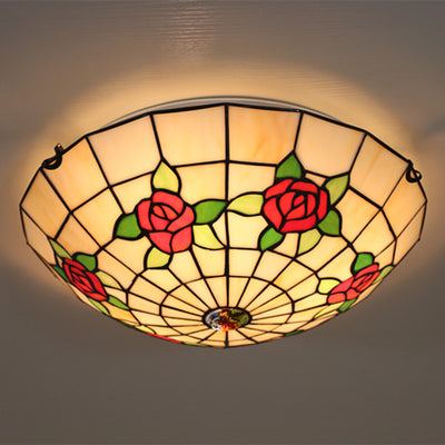 Traditional Tiffany Semicircle Rose Iron Glass 3-Light Flush Mount Ceiling Light For Bedroom