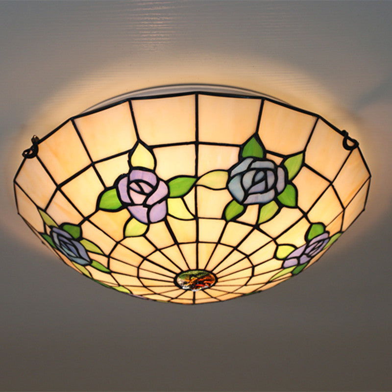 Traditional Tiffany Semicircle Rose Iron Glass 3-Light Flush Mount Ceiling Light For Bedroom