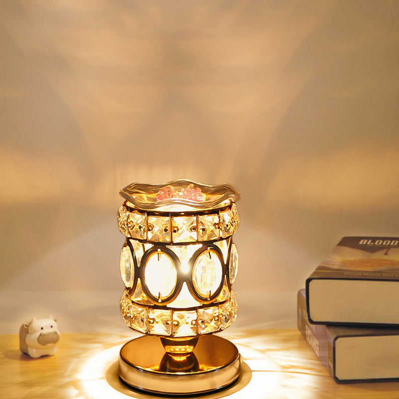 Modern Luxury Cylinder Round Iron Crystal 1-Light Aroma Melting Wax Table Lamp For Bedroom