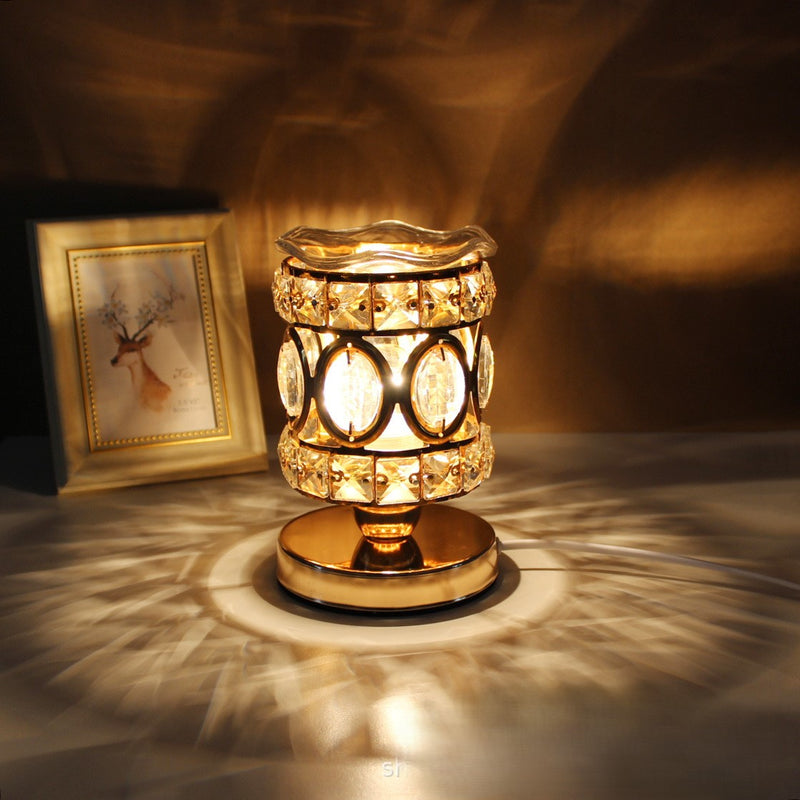 Modern Luxury Cylinder Round Iron Crystal 1-Light Aroma Melting Wax Table Lamp For Bedroom