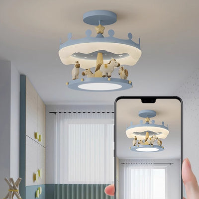 Contemporary Creative Cartoon Kids Round Carousel Iron PE LED Semi-Flush Mount Lighting For Bedroom