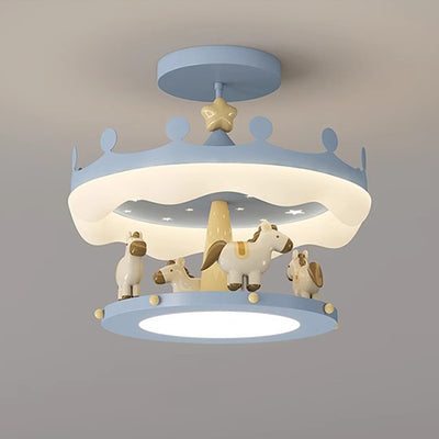 Contemporary Creative Cartoon Kids Round Carousel Iron PE LED Semi-Flush Mount Lighting For Bedroom