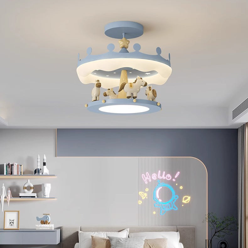 Contemporary Creative Cartoon Kids Round Carousel Iron PE LED Semi-Flush Mount Lighting For Bedroom