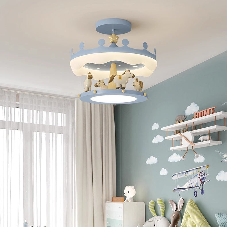 Contemporary Creative Cartoon Kids Round Carousel Iron PE LED Semi-Flush Mount Lighting For Bedroom