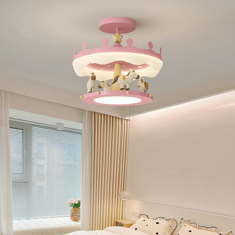 Contemporary Creative Cartoon Kids Round Carousel Iron PE LED Semi-Flush Mount Lighting For Bedroom