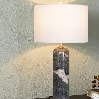 Modern Luxury Oval Cylinder Stone Hardware Marble Fabric 1-Light Table Lamp For Bedroom