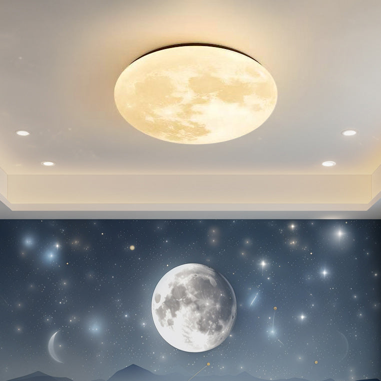 Contemporary Creative Moon Earth Semicircle Solid Wood Iron Acrylic LED Flush Mount Ceiling Light For Bedroom