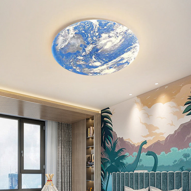 Contemporary Creative Moon Earth Semicircle Solid Wood Iron Acrylic LED Flush Mount Ceiling Light For Bedroom