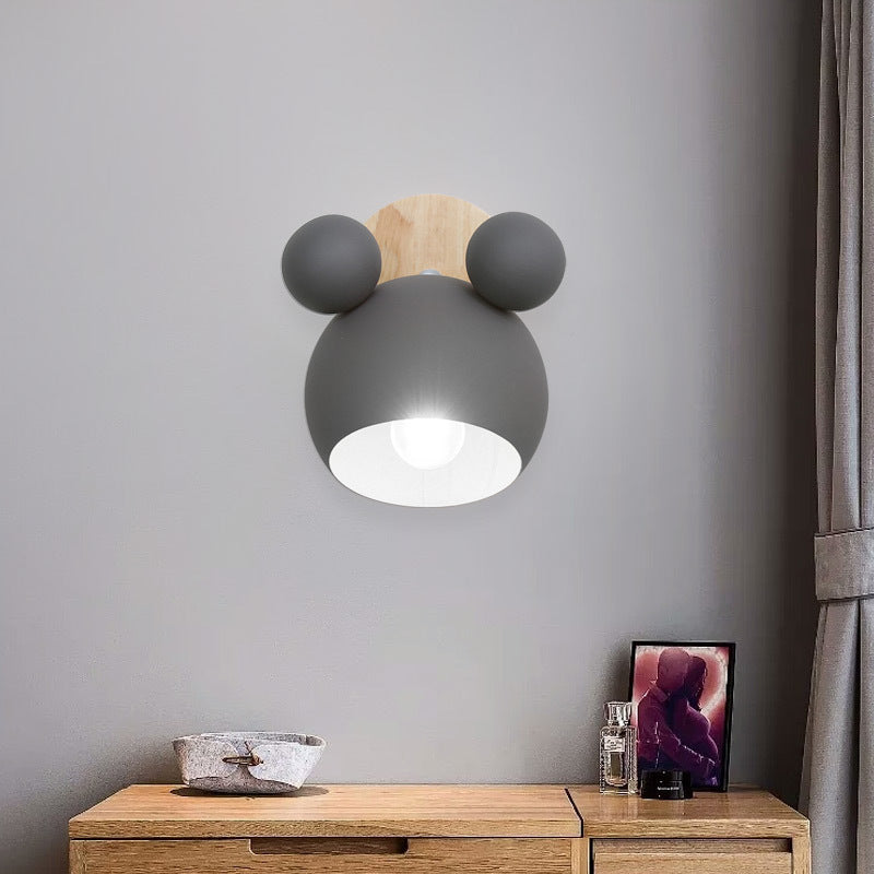 Contemporary Scandinavian Sphere Semicircle Disc Base Iron Wood 1-Light Wall Sconce Lamp For Bedroom