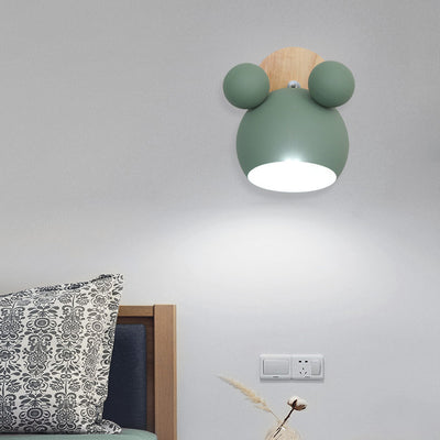 Contemporary Scandinavian Sphere Semicircle Disc Base Iron Wood 1-Light Wall Sconce Lamp For Bedroom