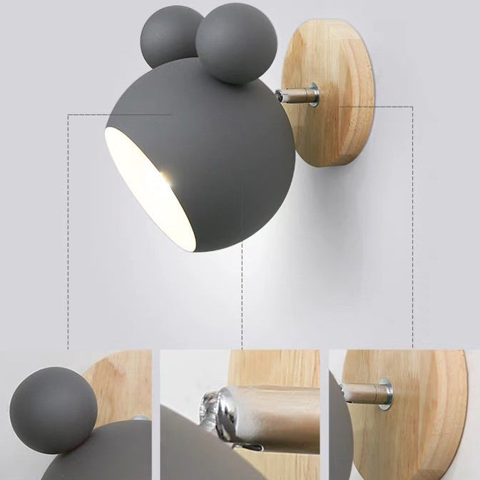 Contemporary Scandinavian Sphere Semicircle Disc Base Iron Wood 1-Light Wall Sconce Lamp For Bedroom