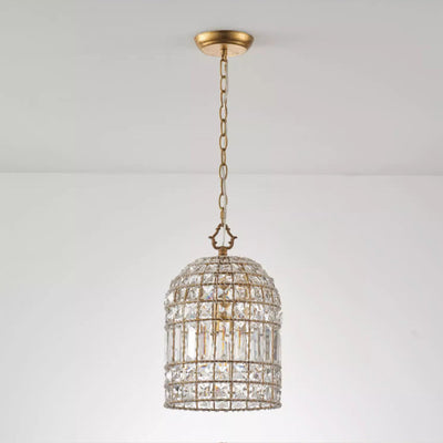 Traditional French Cylinder Half Round Birdcage Iron Crystal 1-Light Pendant Light For Living Room