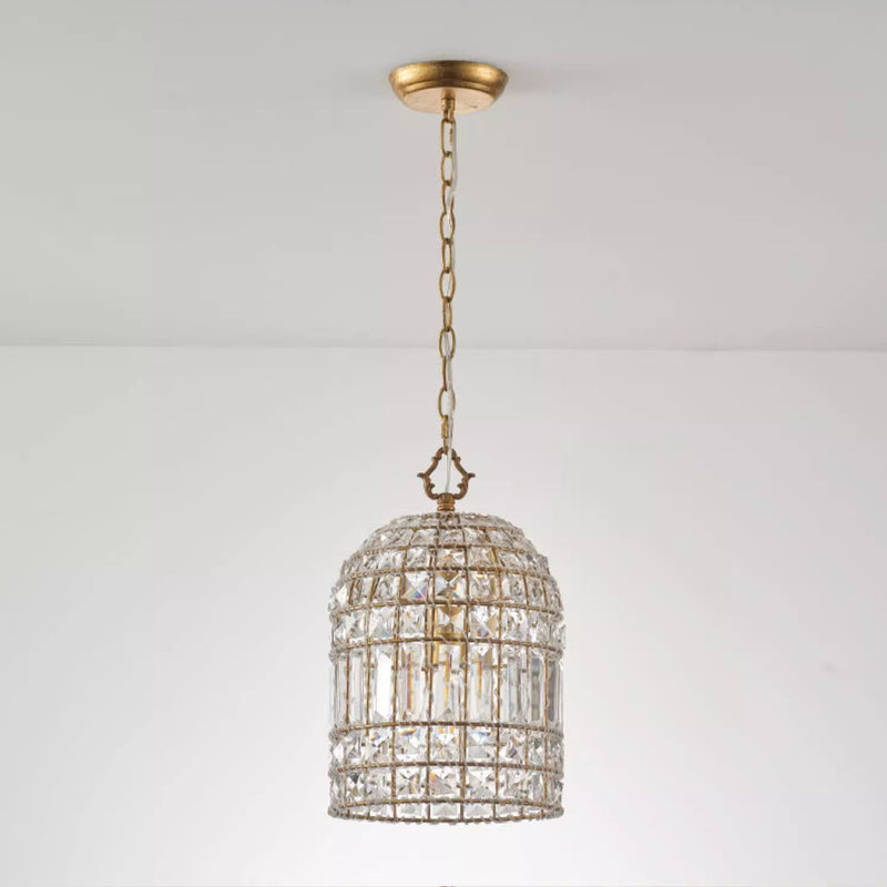 Traditional French Cylinder Half Round Birdcage Iron Crystal 1-Light Pendant Light For Living Room