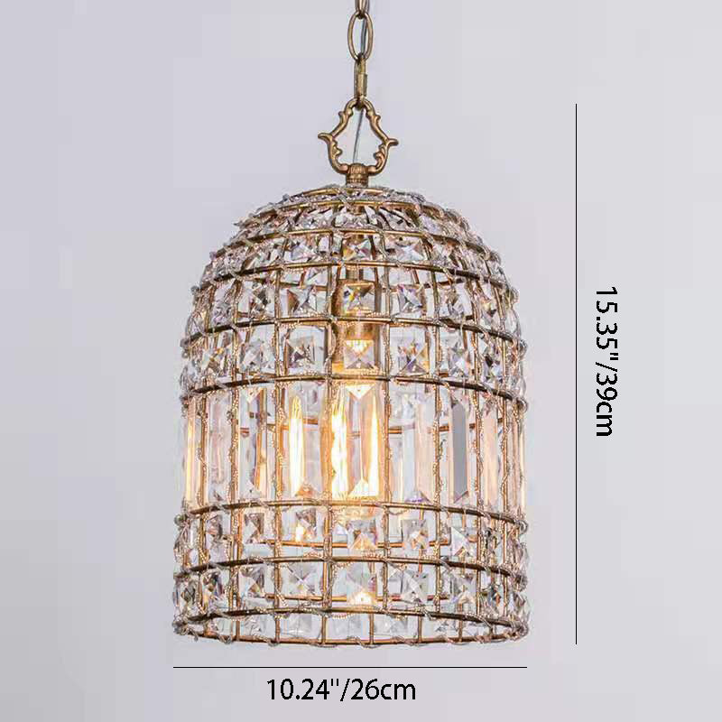 Traditional French Cylinder Half Round Birdcage Iron Crystal 1-Light Pendant Light For Living Room