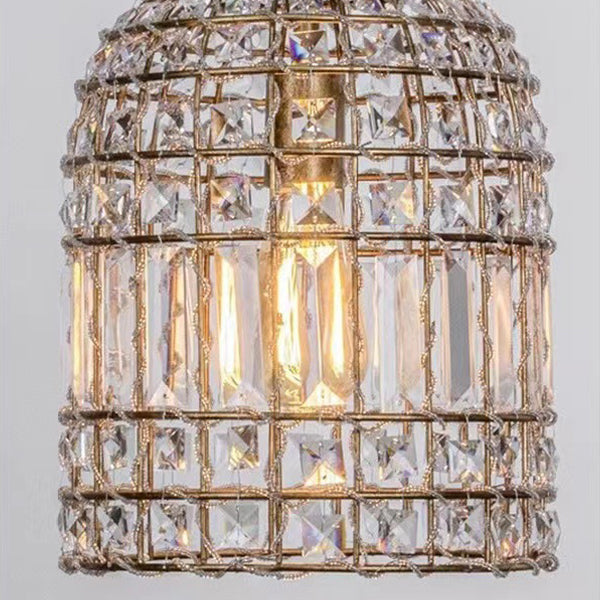 Traditional French Cylinder Half Round Birdcage Iron Crystal 1-Light Pendant Light For Living Room