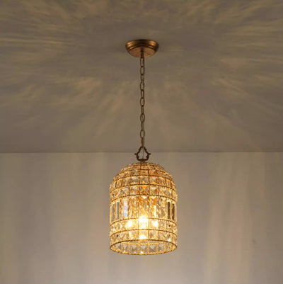 Traditional French Cylinder Half Round Birdcage Iron Crystal 1-Light Pendant Light For Living Room