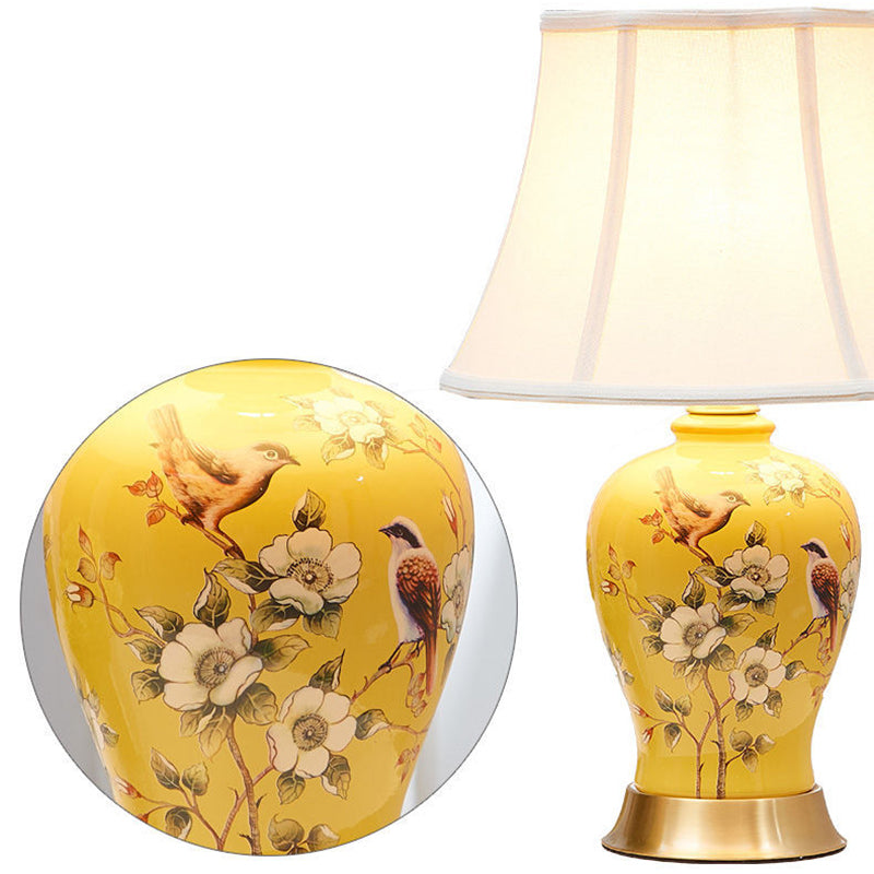 Traditional Chinese Oval Birds Ceramic Metal Fabric 1-Light Table Lamp For Bedroom