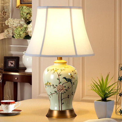 Traditional Chinese Oval Birds Ceramic Metal Fabric 1-Light Table Lamp For Bedroom