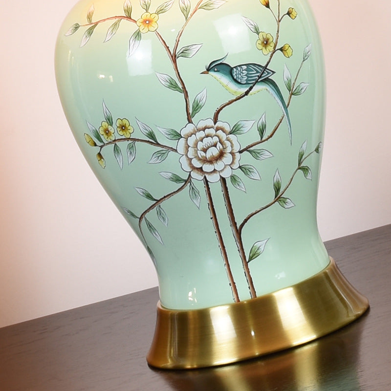 Traditional Chinese Oval Birds Ceramic Metal Fabric 1-Light Table Lamp For Bedroom