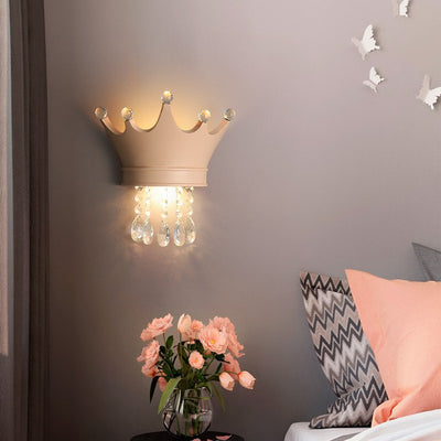 Contemporary Scandinavian Kids Crown Water Drops Resin Crystal 2-Light Wall Sconce Lamp For Bedroom