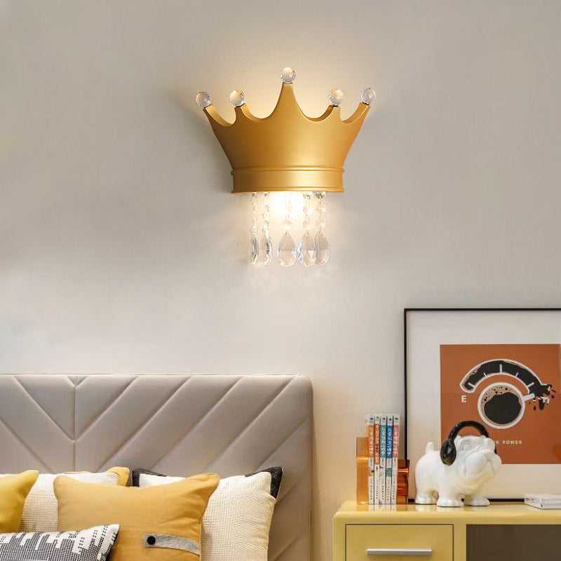 Contemporary Scandinavian Kids Crown Water Drops Resin Crystal 2-Light Wall Sconce Lamp For Bedroom