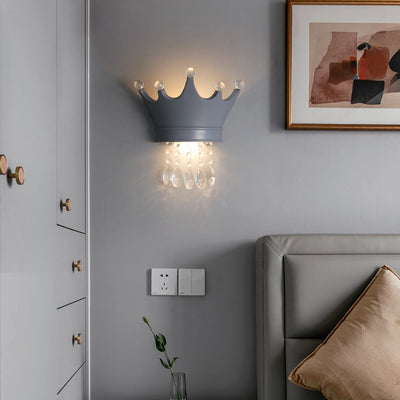 Contemporary Scandinavian Kids Crown Water Drops Resin Crystal 2-Light Wall Sconce Lamp For Bedroom