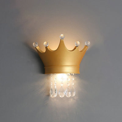 Contemporary Scandinavian Kids Crown Water Drops Resin Crystal 2-Light Wall Sconce Lamp For Bedroom