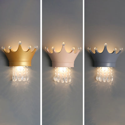 Contemporary Scandinavian Kids Crown Water Drops Resin Crystal 2-Light Wall Sconce Lamp For Bedroom