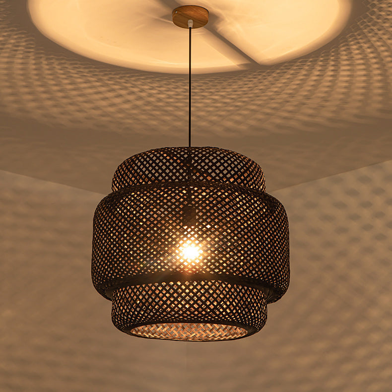 Contemporary Scandinavian Cylinder Reticulated Bamboo 1-Light Pendant Light For Living Room