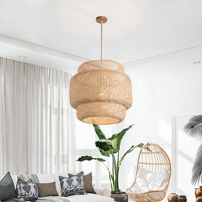 Contemporary Scandinavian Cylinder Reticulated Bamboo 1-Light Pendant Light For Living Room