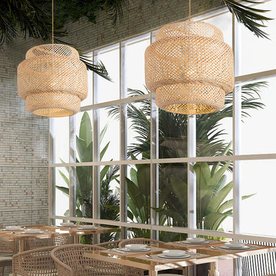 Contemporary Scandinavian Cylinder Reticulated Bamboo 1-Light Pendant Light For Living Room