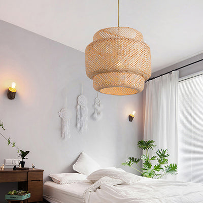 Contemporary Scandinavian Cylinder Reticulated Bamboo 1-Light Pendant Light For Living Room