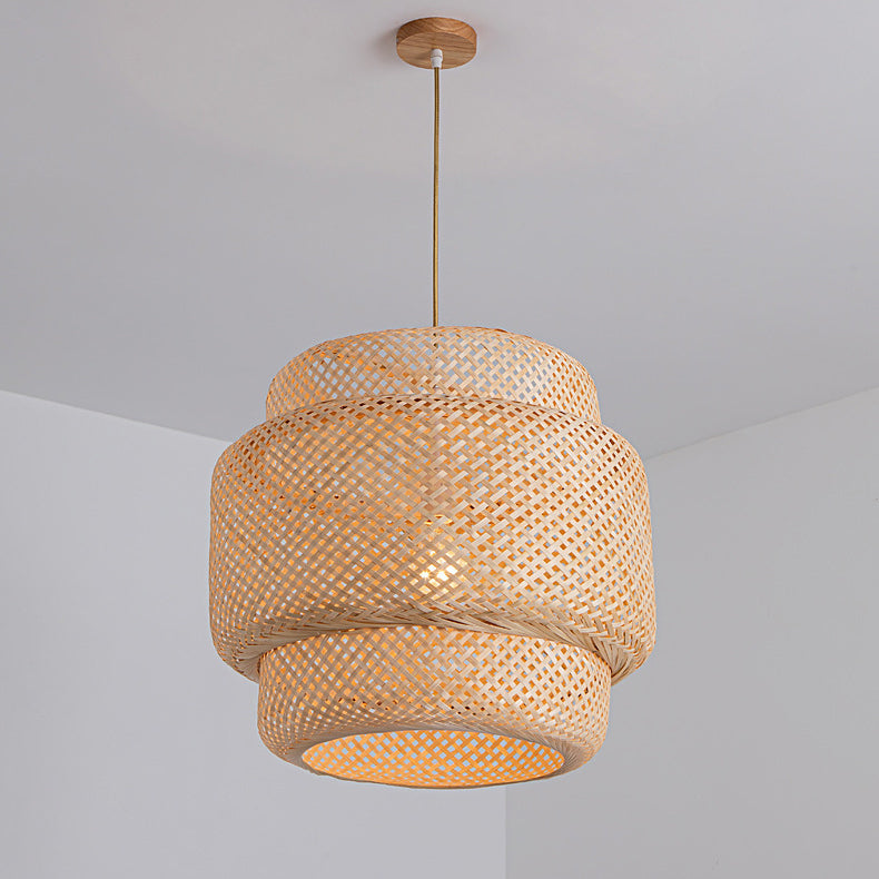 Contemporary Scandinavian Cylinder Reticulated Bamboo 1-Light Pendant Light For Living Room