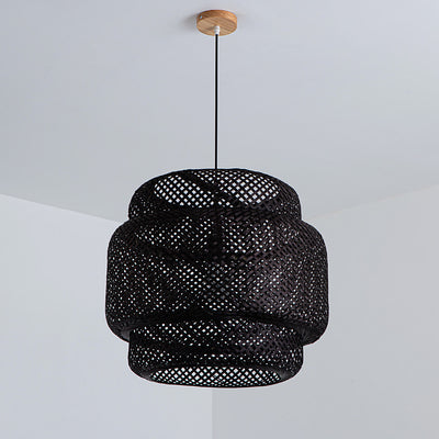 Contemporary Scandinavian Cylinder Reticulated Bamboo 1-Light Pendant Light For Living Room