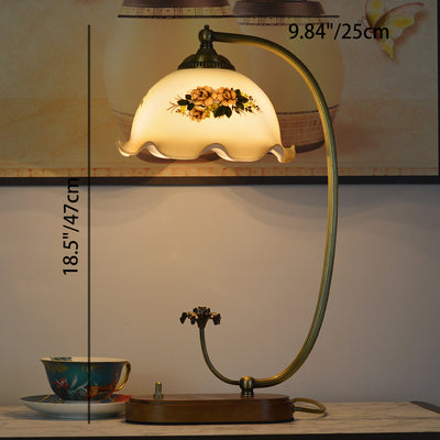 Traditional Chinese Half Round Arc Oval Base Copper Wood Glass 1-Light Table Lamp For Bedroom