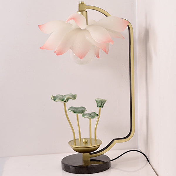 Traditional Chinese Lotus Leaf Round Resin Iron Ceramic 1-Light Table Lamp For Bedroom