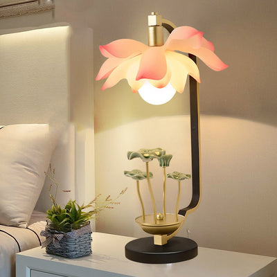 Traditional Chinese Lotus Leaf Round Resin Iron Ceramic 1-Light Table Lamp For Bedroom