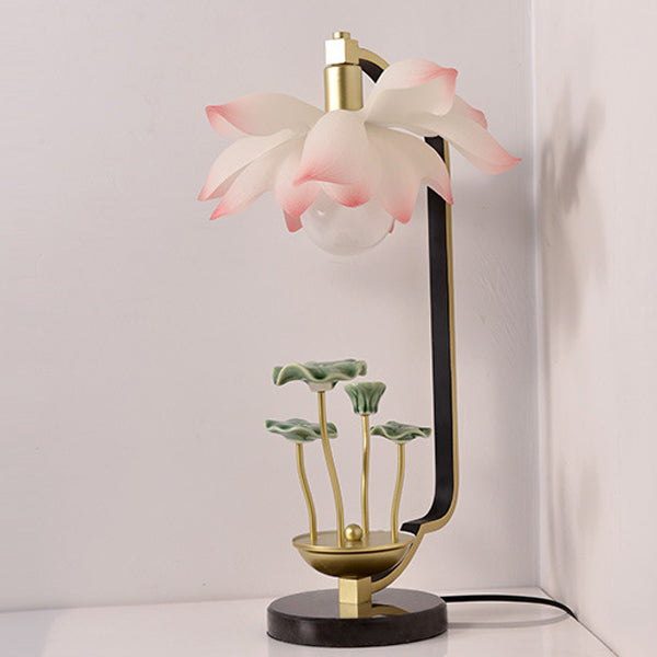 Traditional Chinese Lotus Leaf Round Resin Iron Ceramic 1-Light Table Lamp For Bedroom