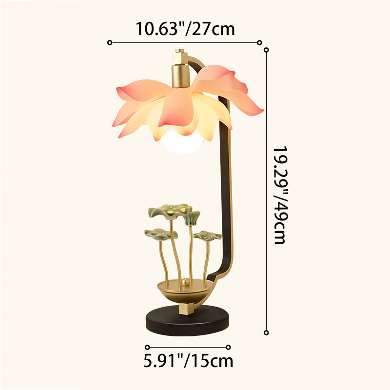 Traditional Chinese Lotus Leaf Round Resin Iron Ceramic 1-Light Table Lamp For Bedroom