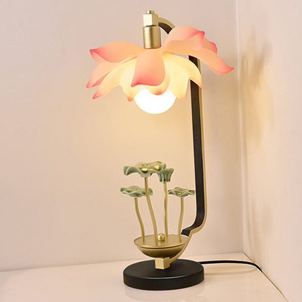 Traditional Chinese Lotus Leaf Round Resin Iron Ceramic 1-Light Table Lamp For Bedroom