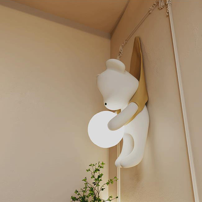 Contemporary Creative Cartoon Kids Bear Resin Plastic 1-Light Wall Sconce Lamp For Bedroom