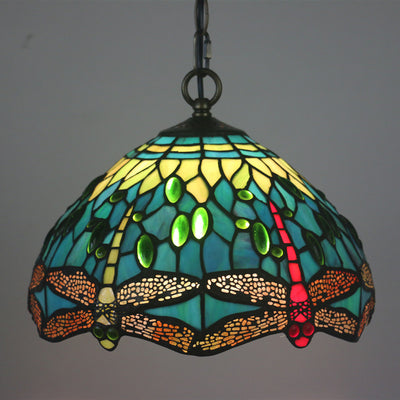 Traditional Tiffany Stained Glass Dragonfly Round 1-Light Pendant Light For Dining Room