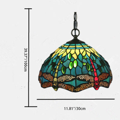 Traditional Tiffany Stained Glass Dragonfly Round 1-Light Pendant Light For Dining Room