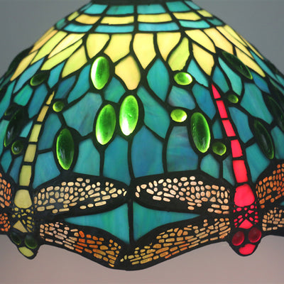 Traditional Tiffany Stained Glass Dragonfly Round 1-Light Pendant Light For Dining Room