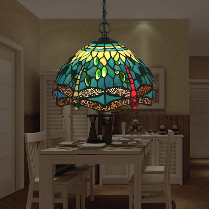 Traditional Tiffany Stained Glass Dragonfly Round 1-Light Pendant Light For Dining Room